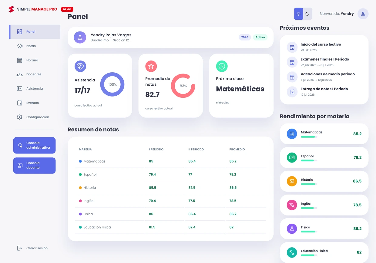 Portal del estudiante mostrando asistencia, promedio de notas, resumen de calificaciones por periodo y próximos eventos.